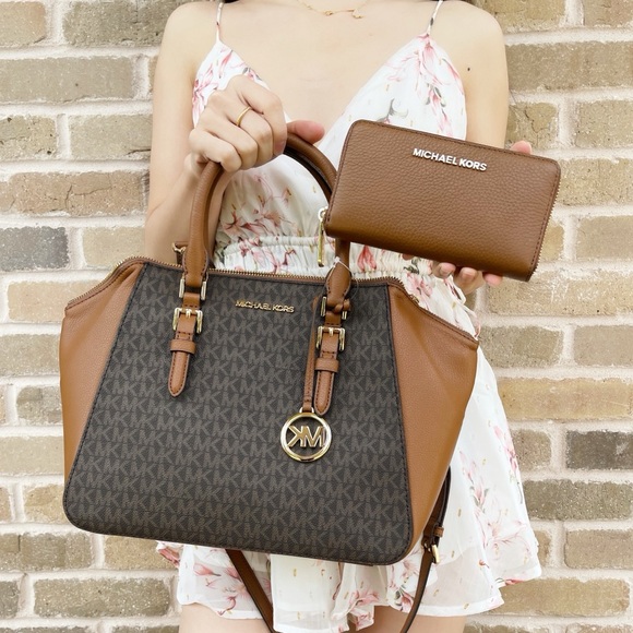 BUNDLE Michael Kors satchel + wallet brown MK - Picture 2 of 8
